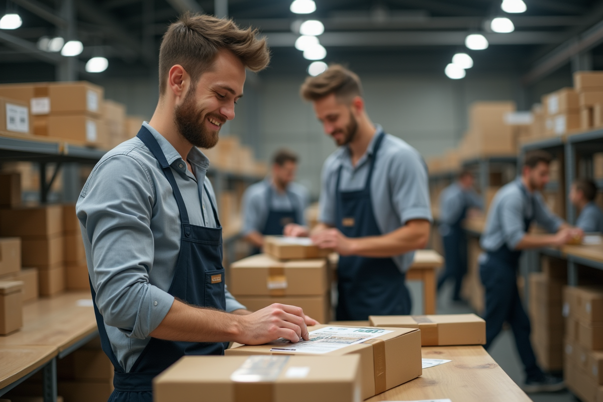 Jeune homme collant une étiquette de qualité sur un emballage
