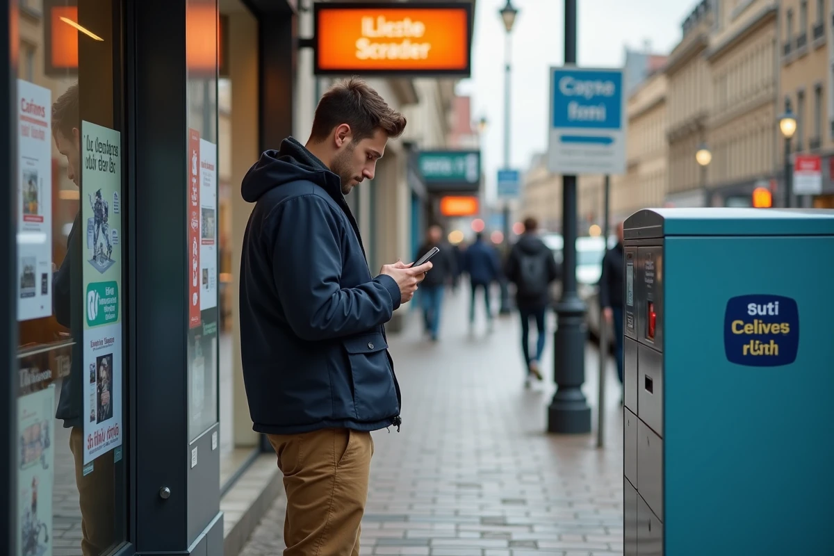 Jeune homme vérifiant son téléphone près d’un casier à Lille