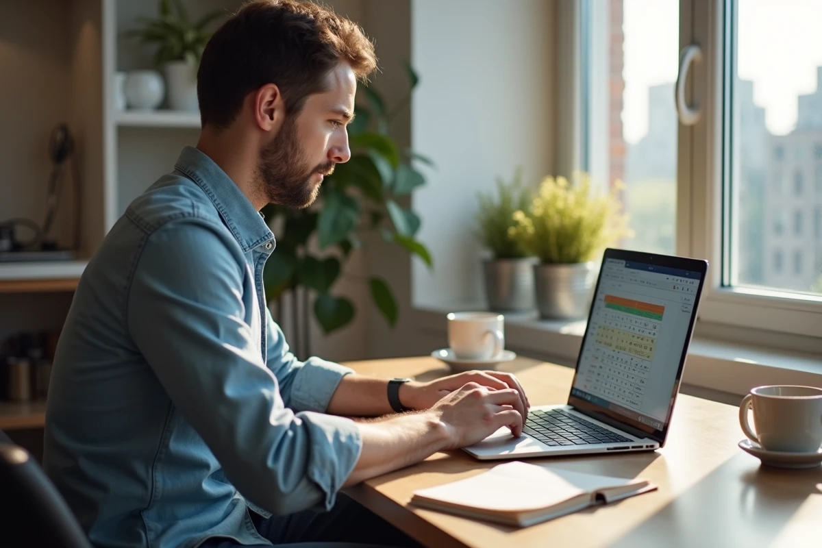 Jeune homme saisissant ses heures de travail sur un ordinateur portable