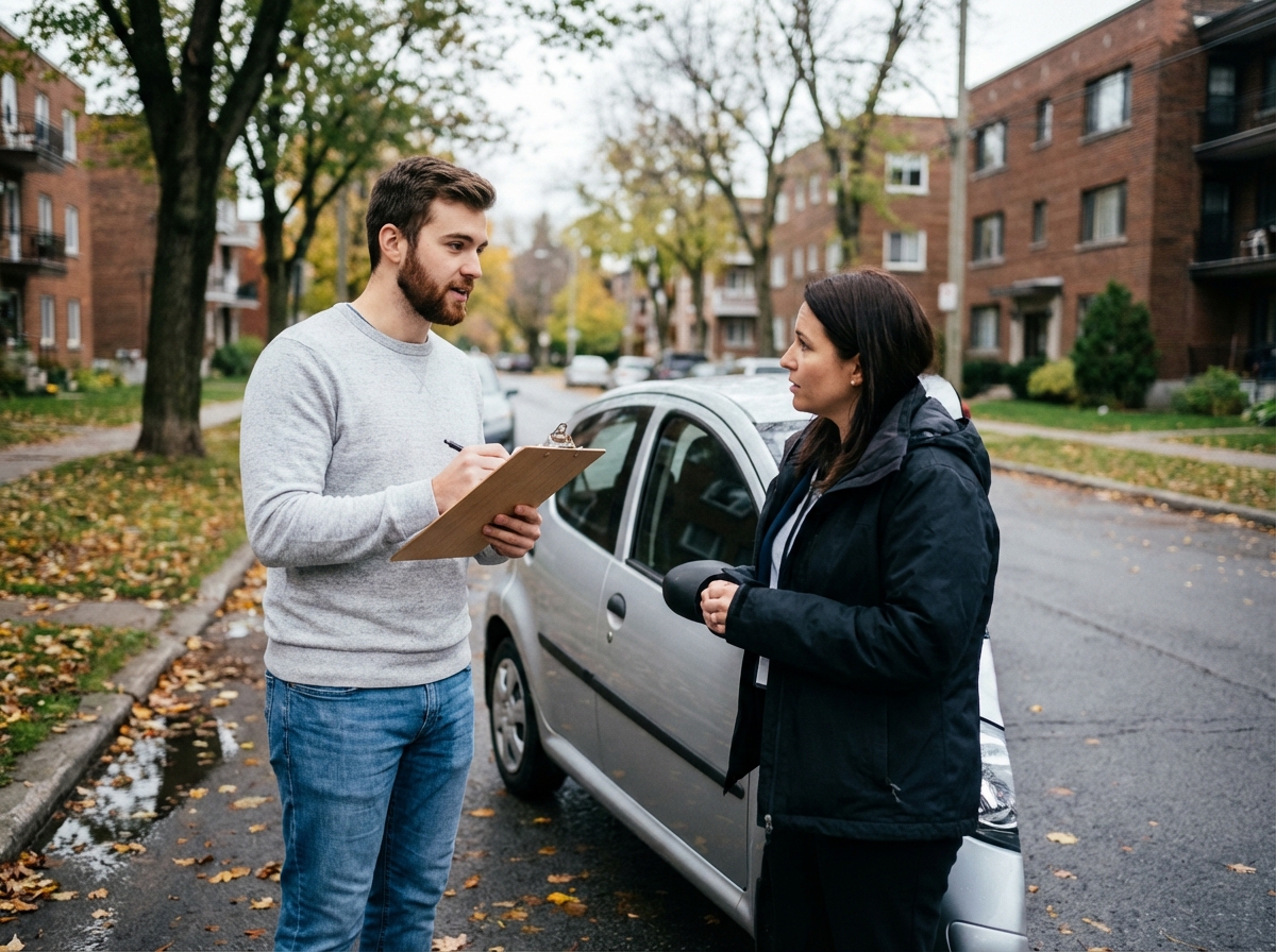Jeune homme avec un véhicule et une inspectrice d