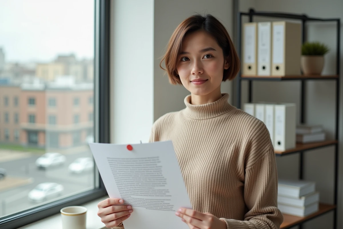Jeune professionnel annotant une lettre administrative formelle dans un bureau &agrave; domicile pour moderniser les salutations