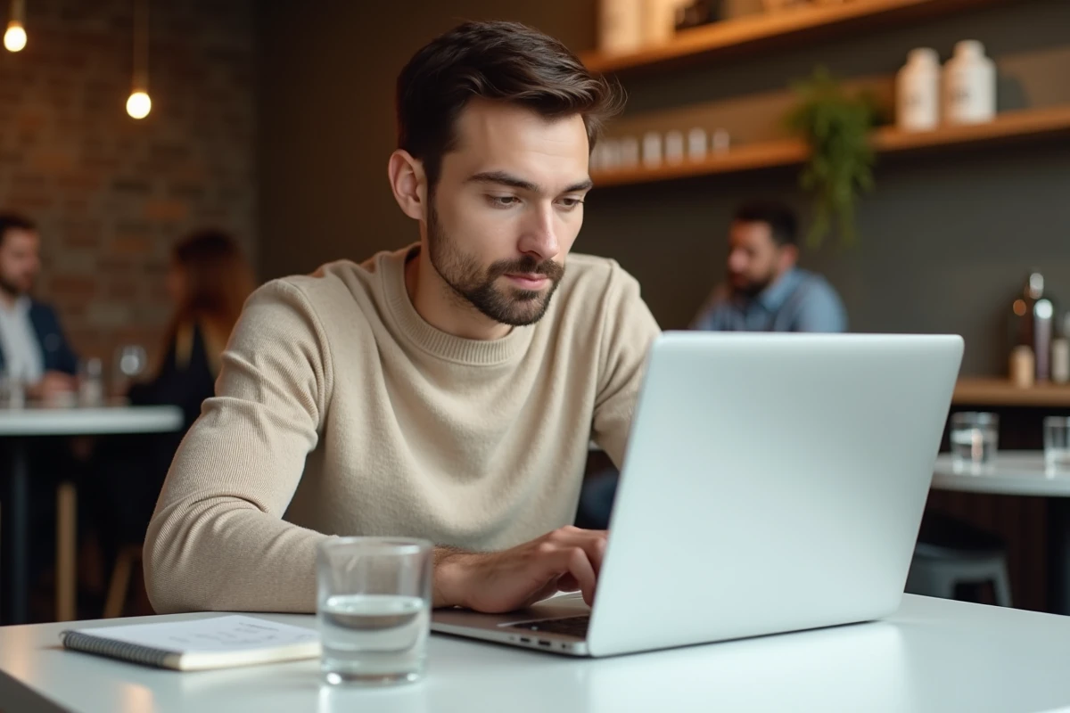 Jeune professionnel rédigeant une lettre de démission sur ordinateur portable dans un café