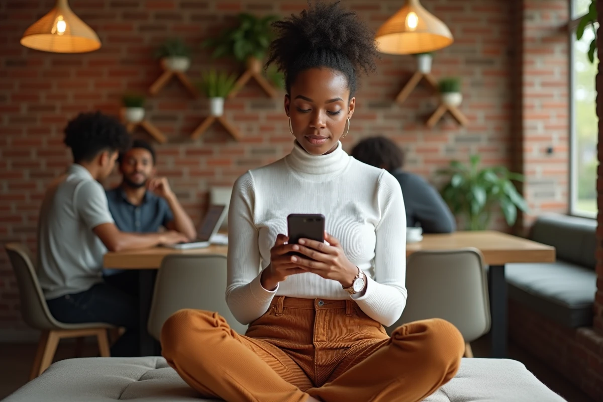Jeune professionnelle consultant ses heures de travail hebdomadaires sur smartphone dans un espace de coworking chaleureux