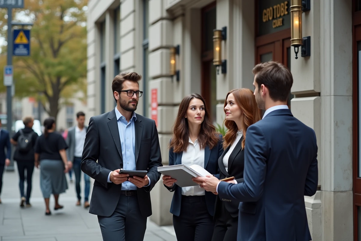 Jeunes professionnels discutant devant un tribunal parisien