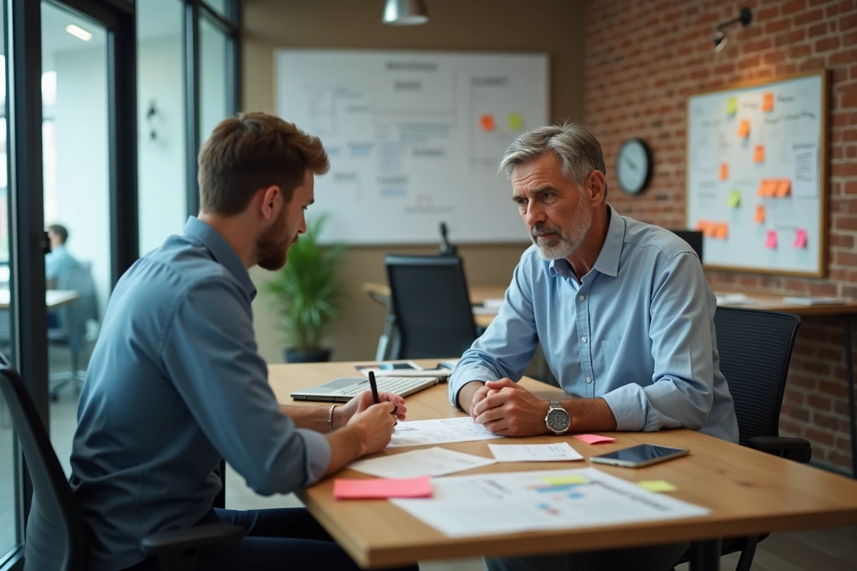 Un manager assis aux côtés d'un collaborateur dans un espace de travail informel, symbolisant une relation de confiance et un leadership participatif au quotidien