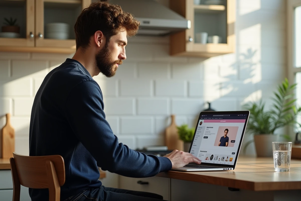 Un entrepreneur consulte l'intégration d'un live chat sur sa boutique Shopify depuis son domicile