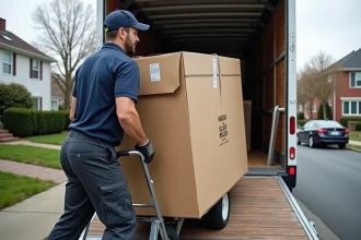 Livreur professionnel déchargeant un grand colis volumineux d'un camion de livraison avec un diable sur une rue résidentielle