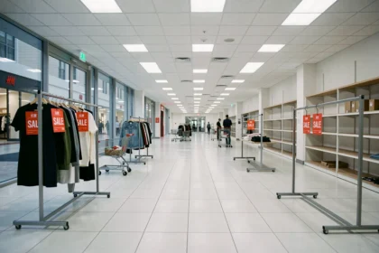 Intérieur quasi vide d'un magasin de mode à petit prix avec des rayons dégarnis et des étiquettes de soldes rouges, évoquant la fermeture d'une enseigne H&M