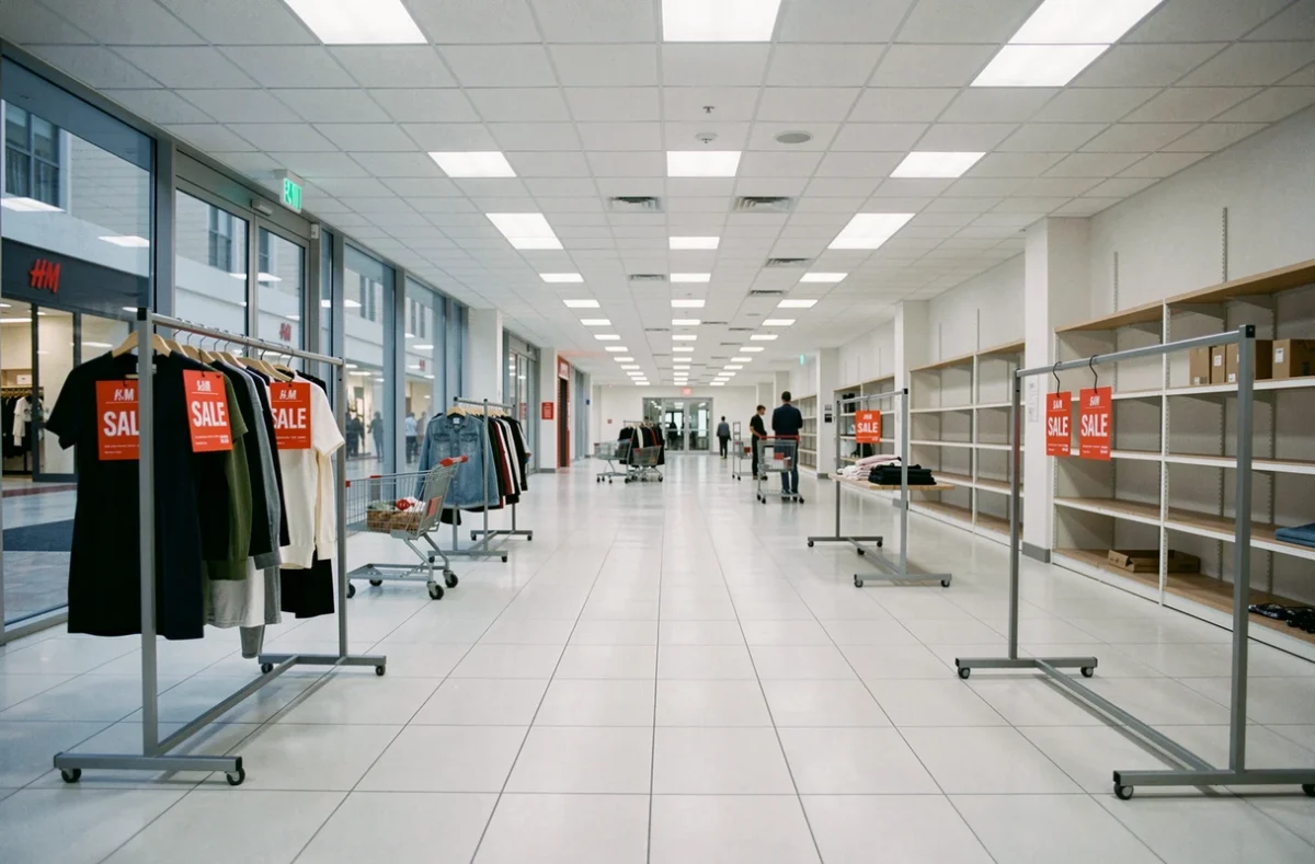 Intérieur quasi vide d'un magasin de mode à petit prix avec des rayons dégarnis et des étiquettes de soldes rouges, évoquant la fermeture d'une enseigne H&M