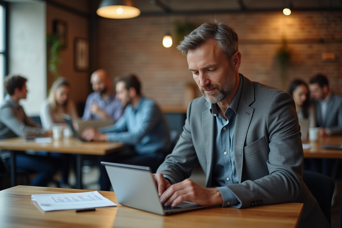 Manager marketing utilisant une tablette dans un espace coworking