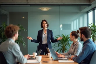 Manager de proximité en réunion d'équipe adoptant une posture ouverte et bienveillante dans un bureau moderne, illustrant le passage du contrôle à la confiance