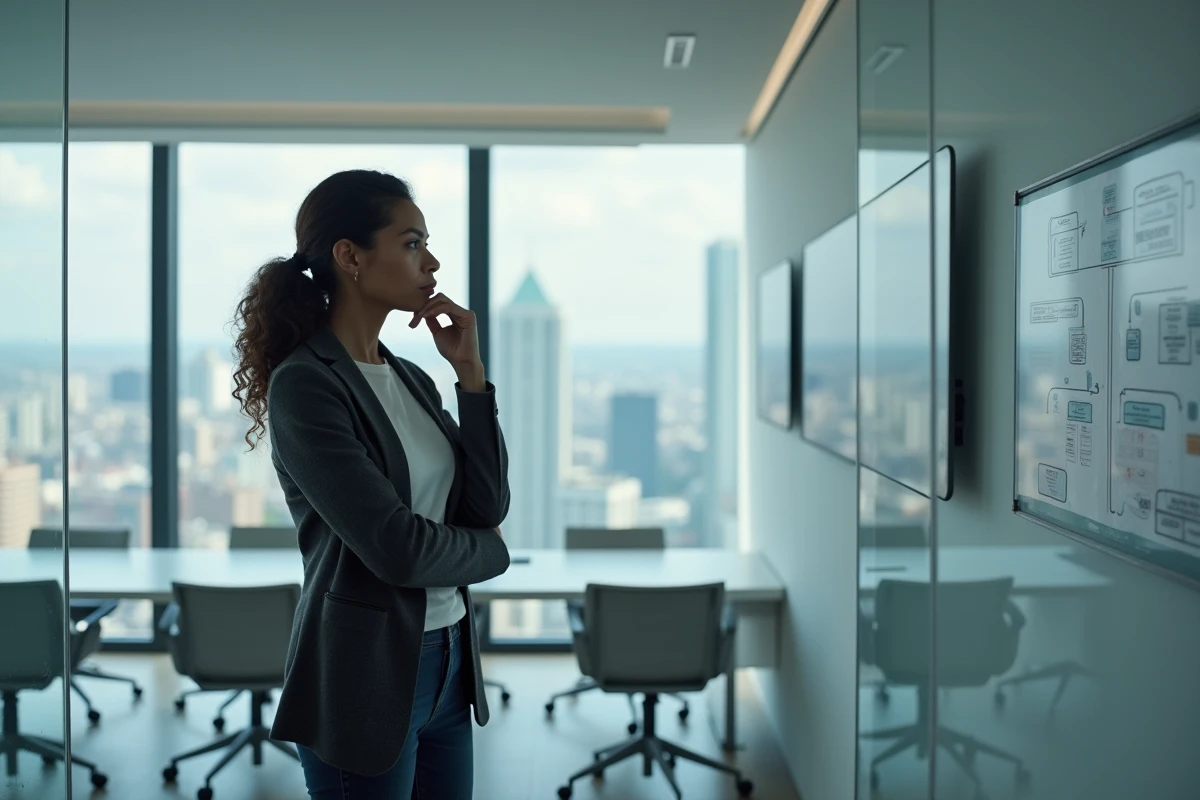Manager de proximité en réflexion stratégique seule dans une salle vitrée, incarnant la transition vers un style de leadership basé sur la confiance et la transparence