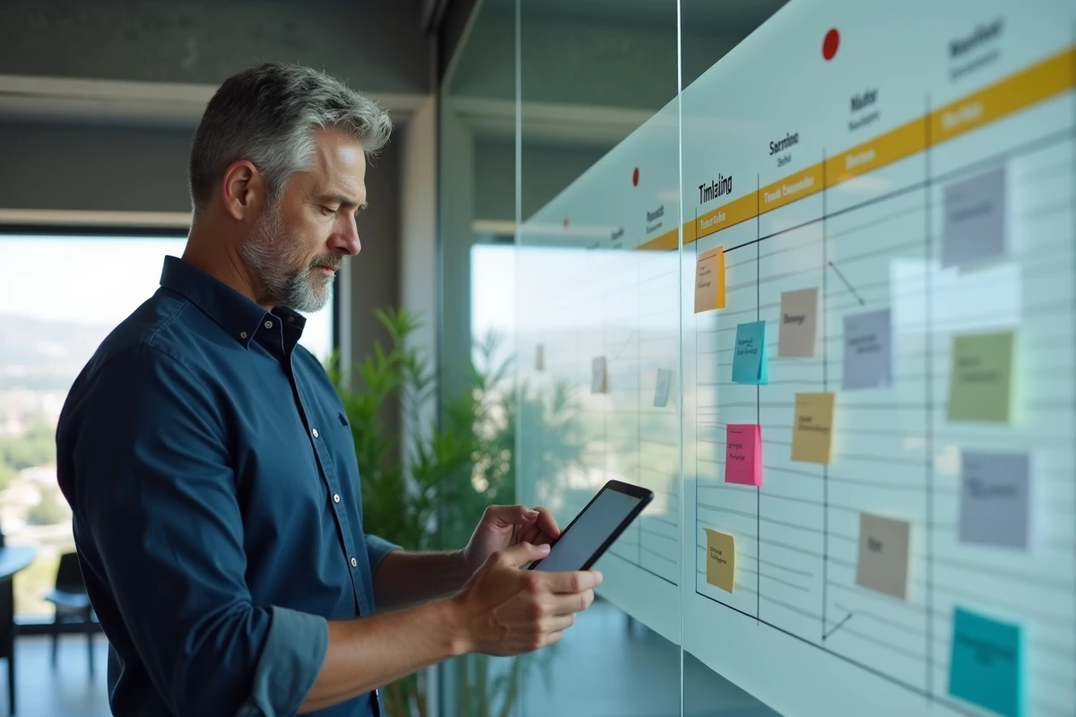 Manager debout devant un tableau de gestion de projet utilisant une application de suivi du temps sur tablette dans une salle de réunion moderne