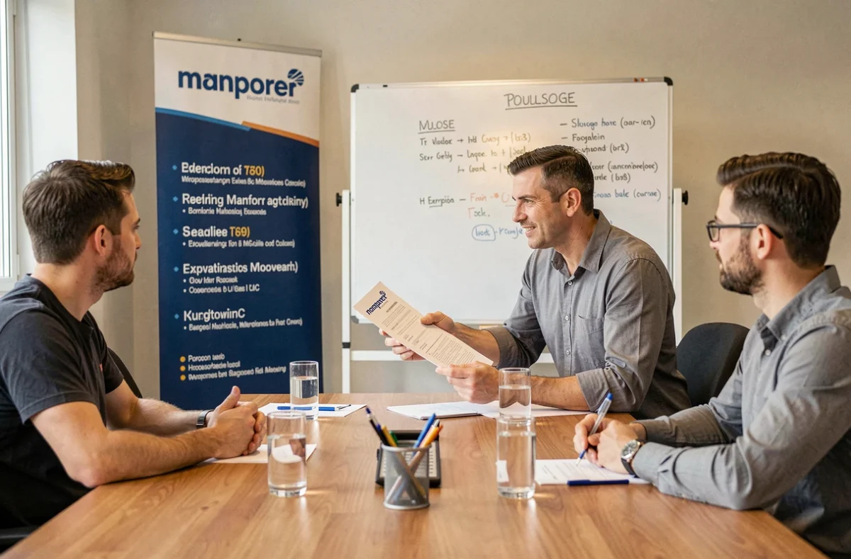 Session de recrutement Manpower avec un consultant présentant des offres d'emploi à des candidats à Toulouse