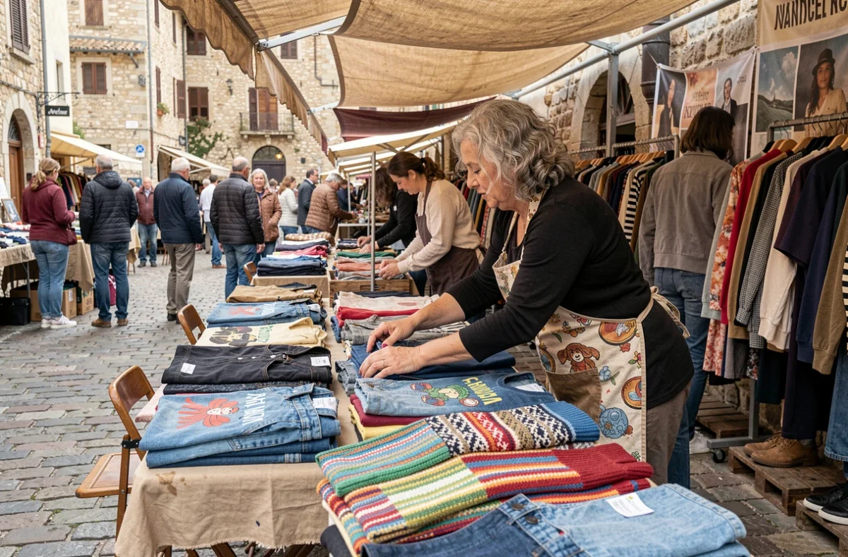 Marché de vêtements d'occasion animé avec des vêtements abordables exposés sur des tables, une vendeuse aux cheveux gris et des acheteurs parcourant les articles, alternative à la mode petit prix H&M