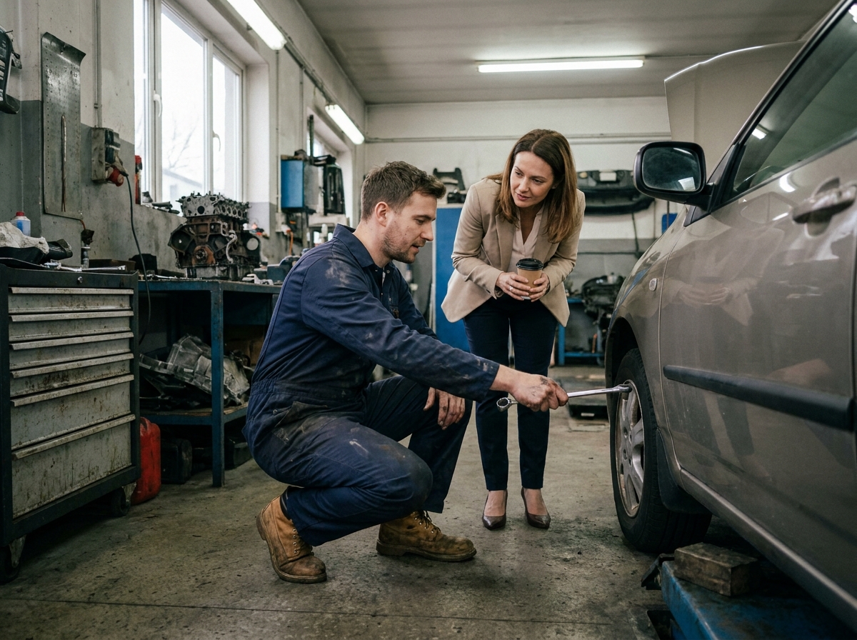 Mécanicien indépendant expliquant une réparation à une cliente fidèle dans un garage automobile