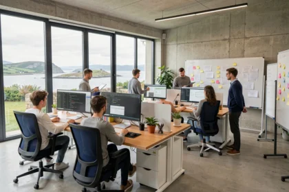 Vue d'ensemble d'une agence web moderne dans le Morbihan avec des professionnels travaillant sur des projets digitaux