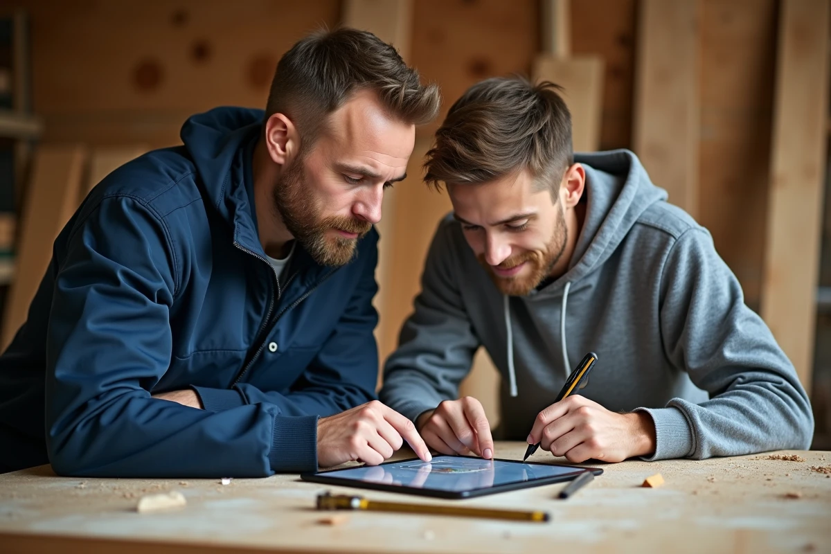 Artisan menuisier expérimenté guidant un apprenti dans la prise en main du logiciel Ebatpro