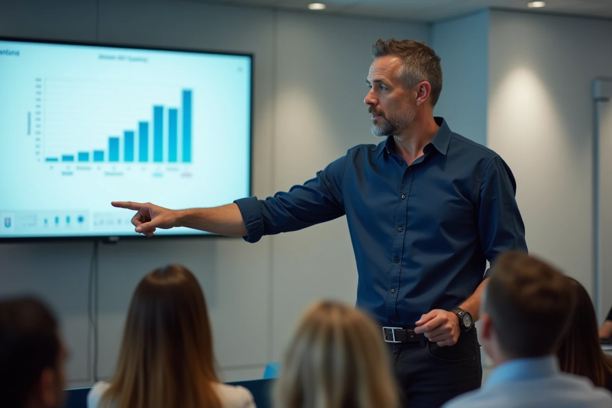 Mentor animant une session de coaching pour startups dans une salle de conférence de Station F, avec présentation de données à l'écran