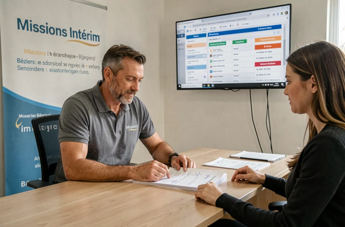 Consultant de l'agence Missions Intérim révisant des contrats de mission avec une candidate à Béziers