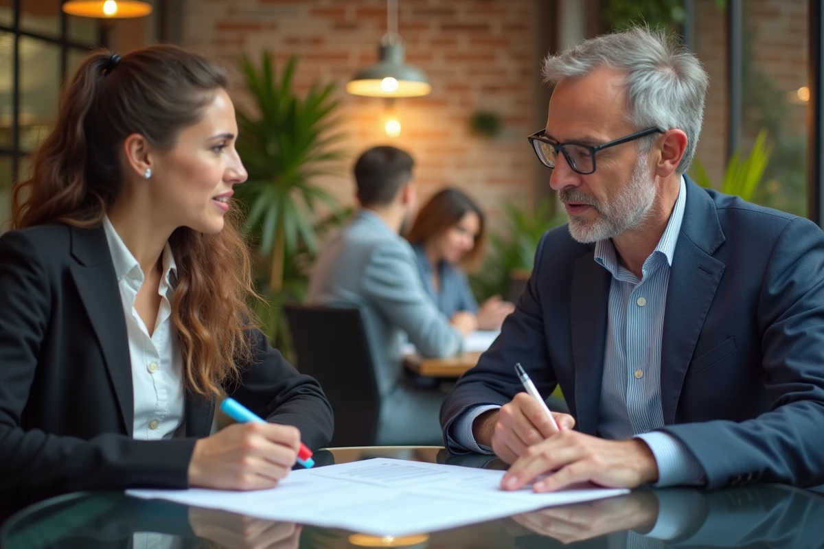 Négociation d'un contrat d'égérie entre deux professionnels dans un espace de coworking