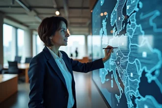 Dirigeante d'entreprise utilisant un outil numérique de relocalisation industrielle sur grand écran interactif dans un bureau moderne