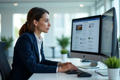 Professionnelle configurant des paramètres de veille B2B sur un tableau de bord numérique en entreprise