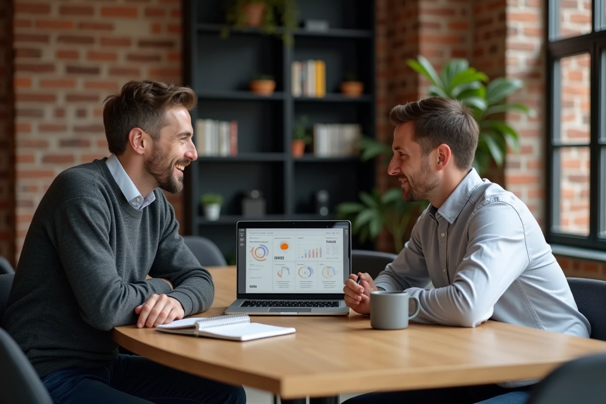 Deux professionnels B2B collaborant sur une plateforme de partenariat en ligne dans un espace de coworking parisien