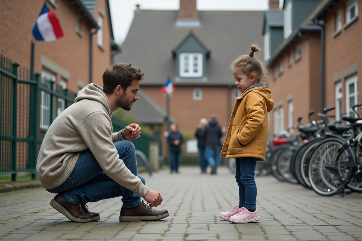 Père aidant sa fille à l’école primaire en extérieur