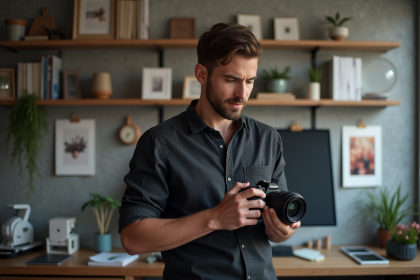 Photographe homme en studio examinant ses images