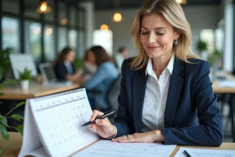 Professionnelle marquant des dates importantes dans son agenda papier au bureau pour planifier des événements d'entreprise gratuits