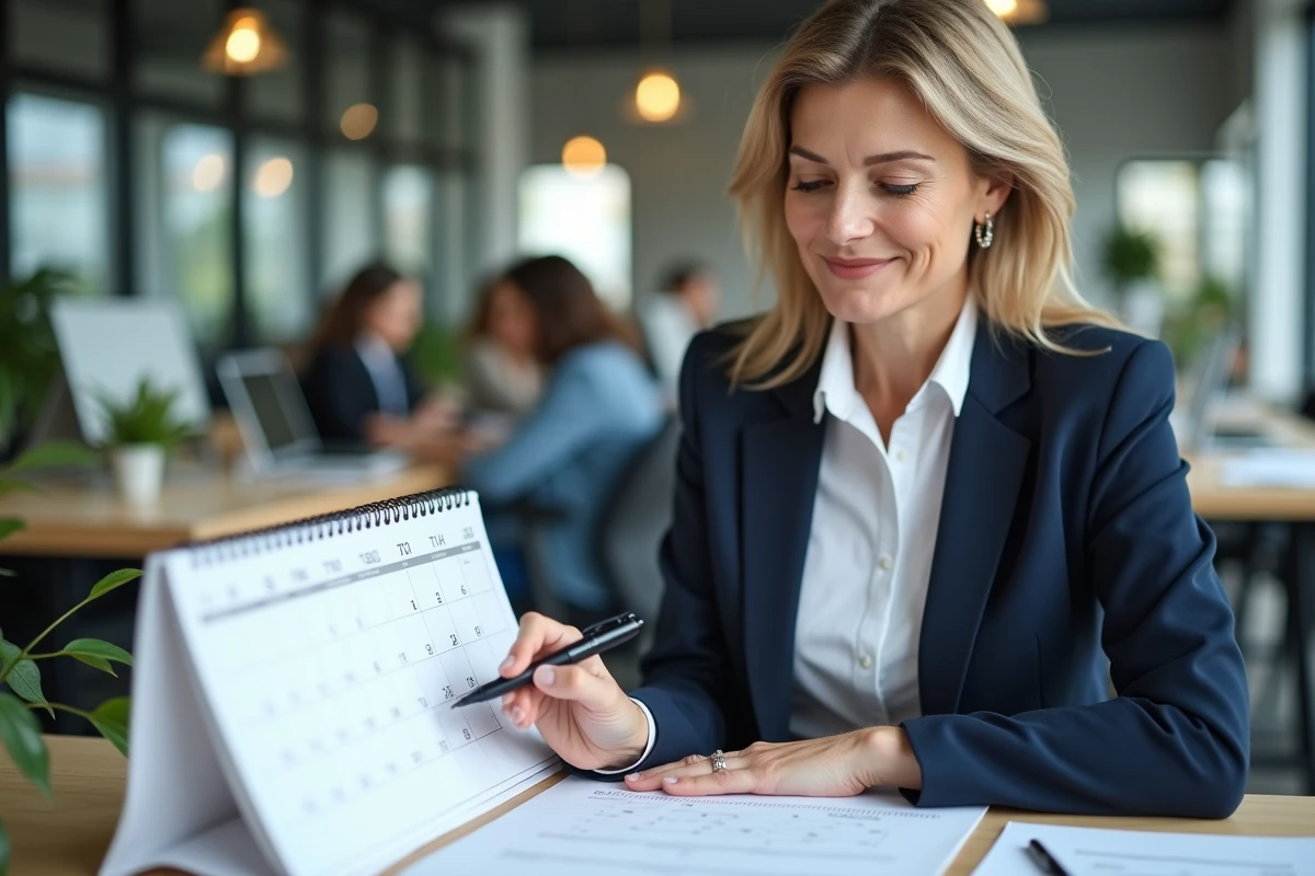 Professionnelle marquant des dates importantes dans son agenda papier au bureau pour planifier des événements d'entreprise gratuits