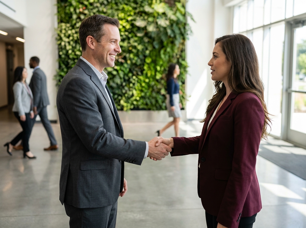 Un homme et une femme se serrent la main avec respect dans un hall d'entreprise, symbolisant une fin de collaboration harmonieuse et professionnelle