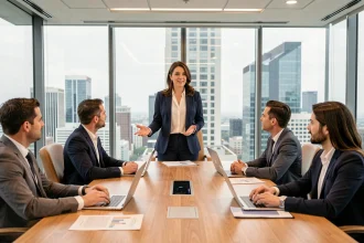 Femme cadre présentant une stratégie B2B à des décideurs en salle de réunion vitrée