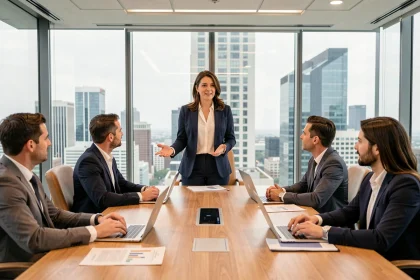 Femme cadre présentant une stratégie B2B à des décideurs en salle de réunion vitrée