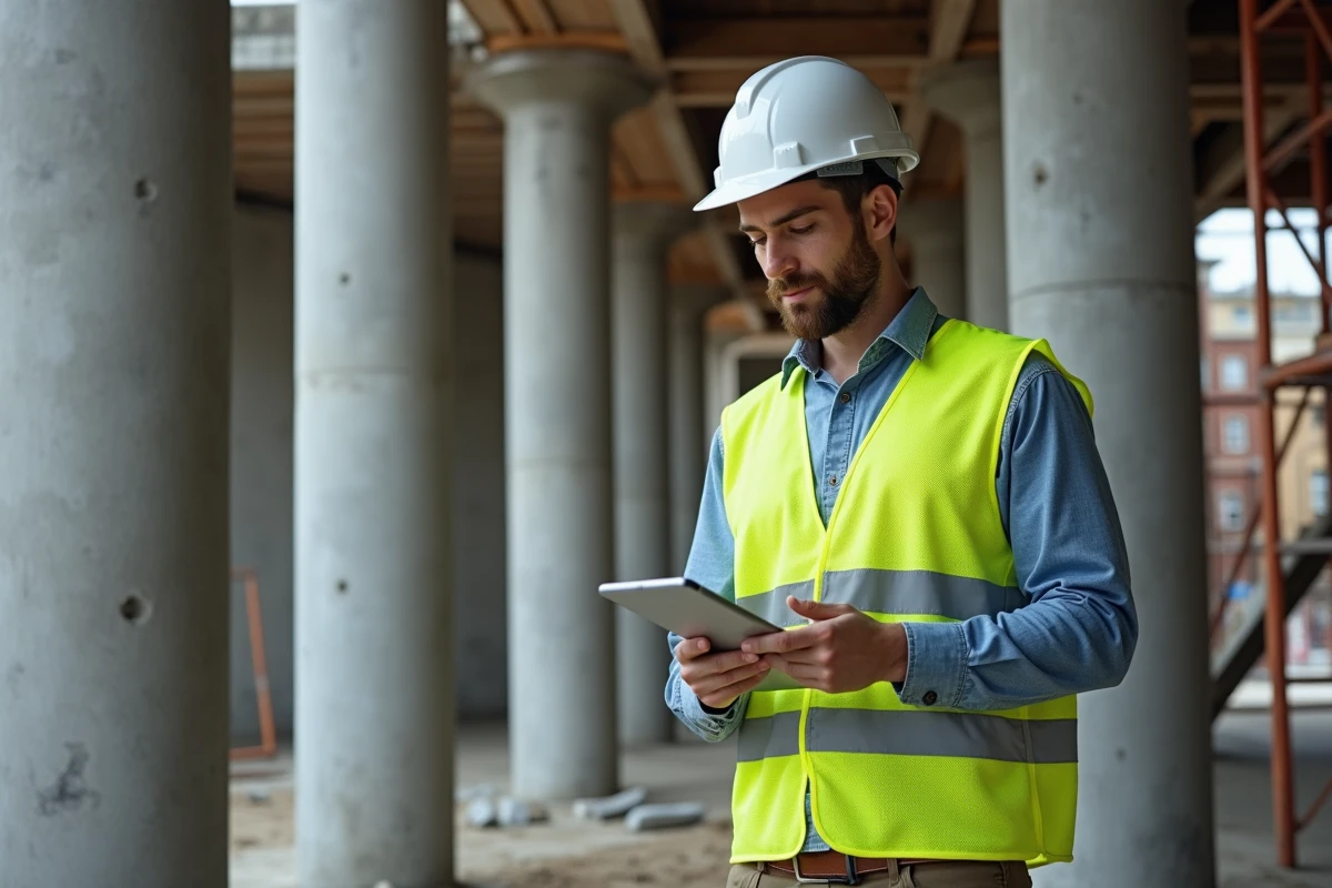 Professionnel du BTP consultant un devis en ligne sur tablette sur un chantier de construction urbain