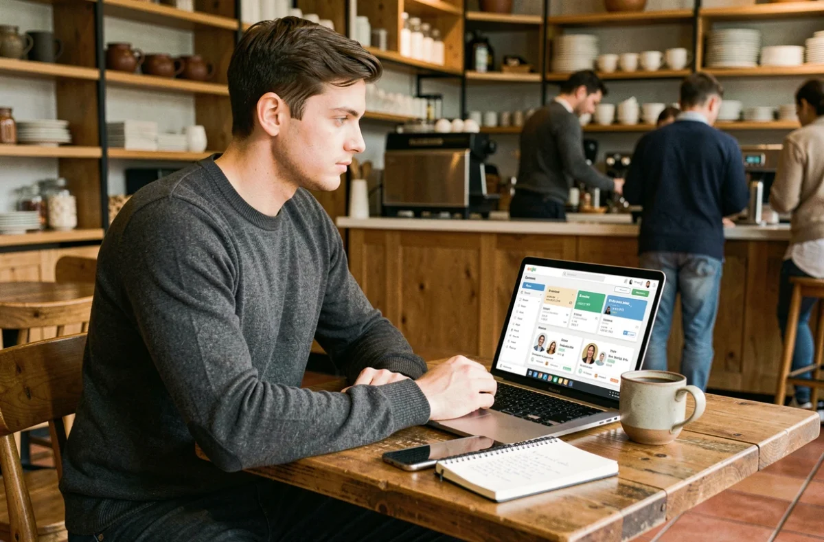 Jeune professionnel travaillant à distance sur un logiciel de gestion de projet web dans un café
