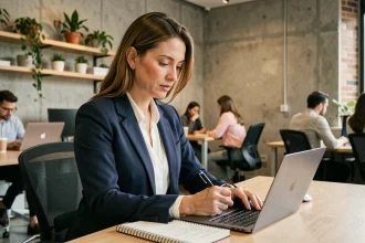 Professionnelle en open space lisant des actualités PME sur son ordinateur portable pour booster sa productivité