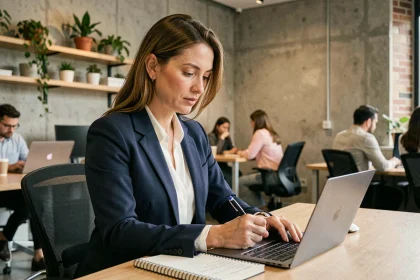 Professionnelle en open space lisant des actualités PME sur son ordinateur portable pour booster sa productivité