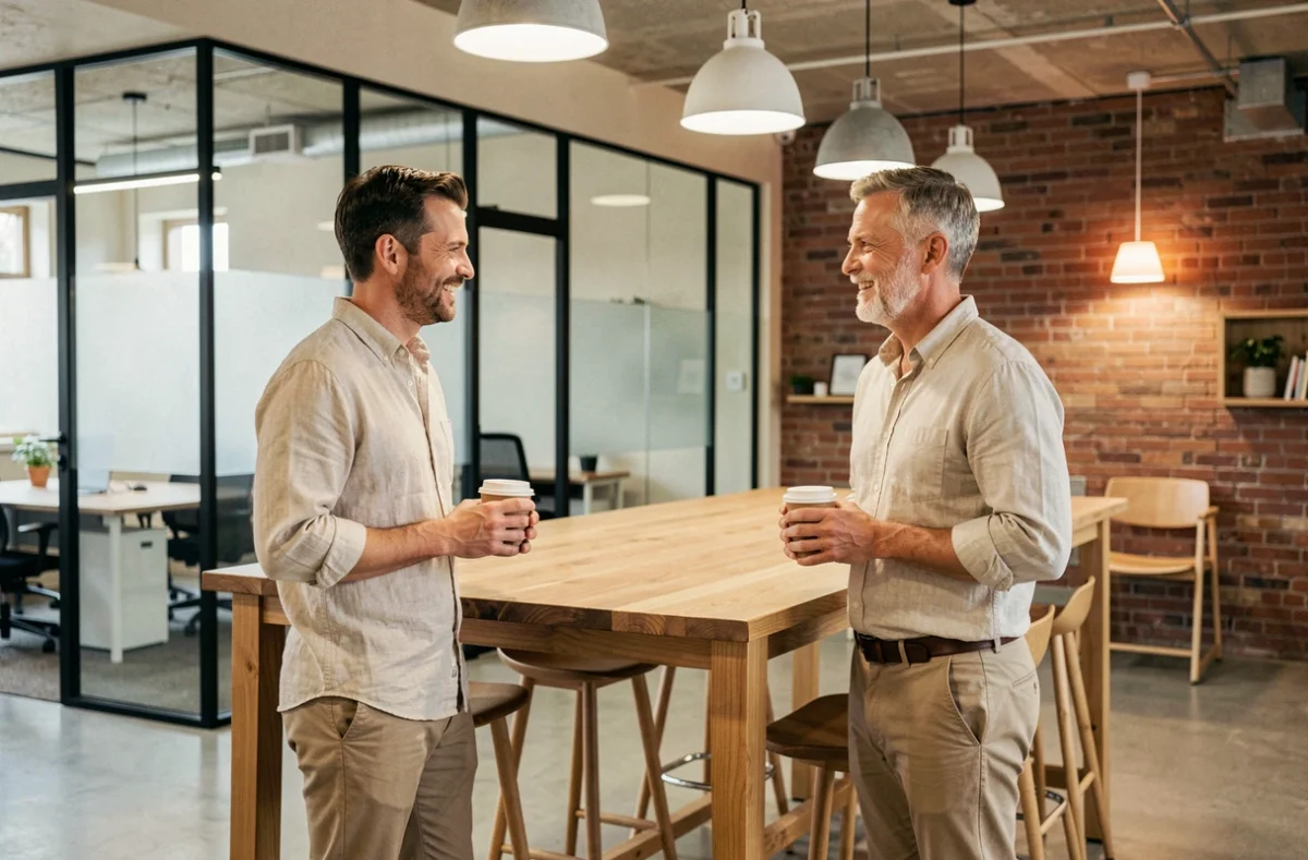 Deux professionnels indépendants discutant autour d'une table haute dans un espace de coworking avec cabines vitrées et mur en brique