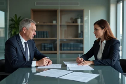 Deux professionnels en costume dans une r&eacute;union d'affaires