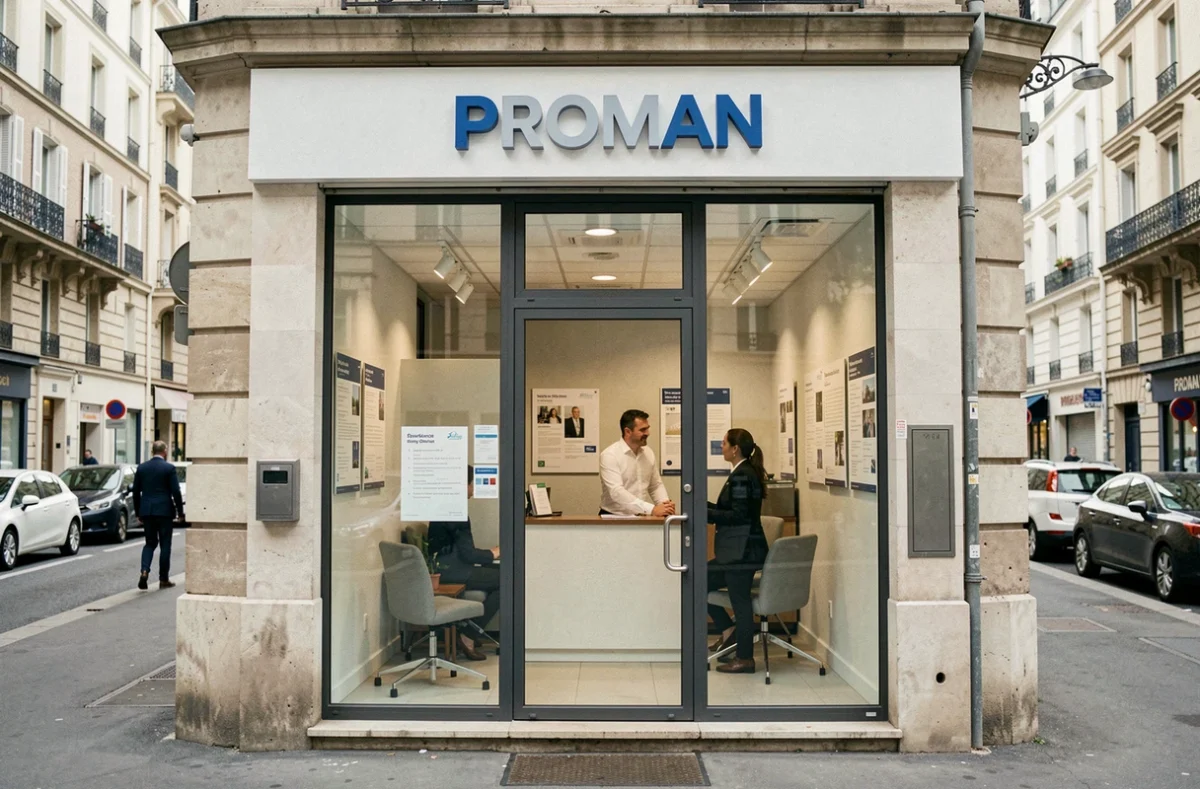 Façade d'une agence PROMAN dans une ville d'Occitanie avec un conseiller accueillant un candidat