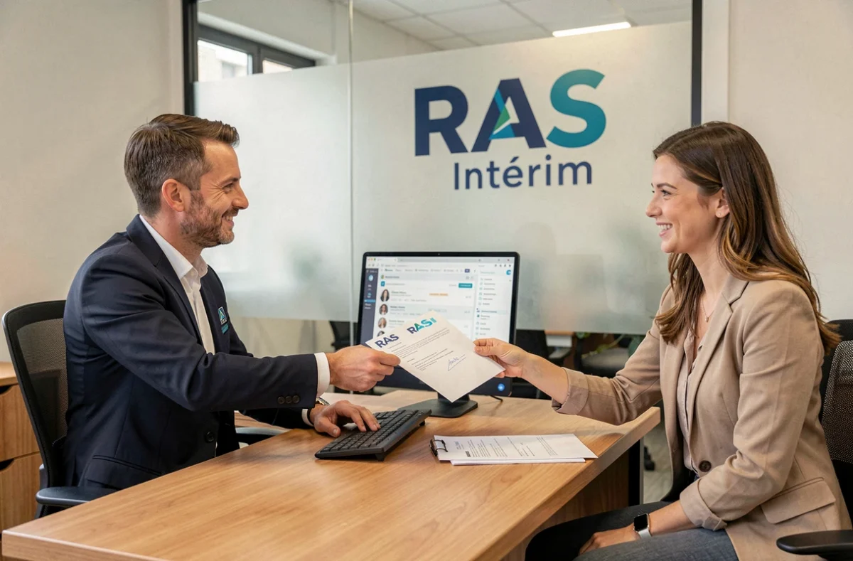 Consultant RAS Intérim remettant un contrat signé à une candidate dans une agence à Carcassonne