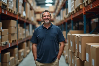 Responsable d'entrepot électrique avec boxes en arrière-plan