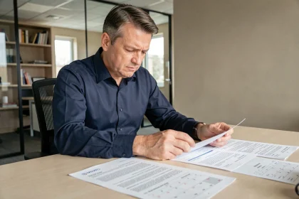 Responsable RH examinant des contrats de travail pour corriger des erreurs de calcul d'ancienneté