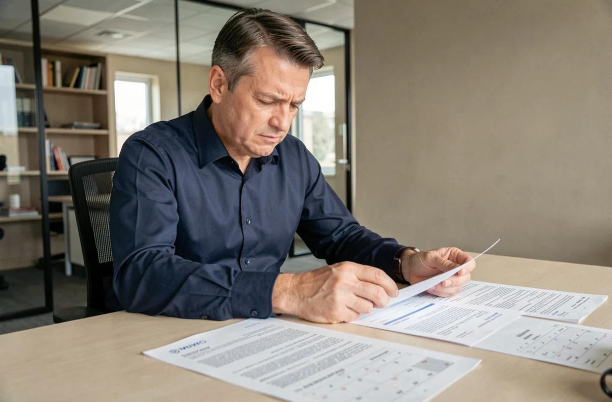 Responsable RH examinant des contrats de travail pour corriger des erreurs de calcul d'ancienneté