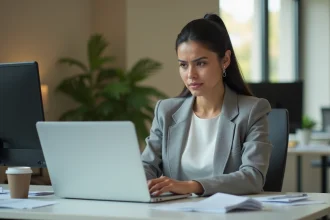 Responsable RH en blazer gris analysant un message d'erreur sur son ordinateur portable au bureau