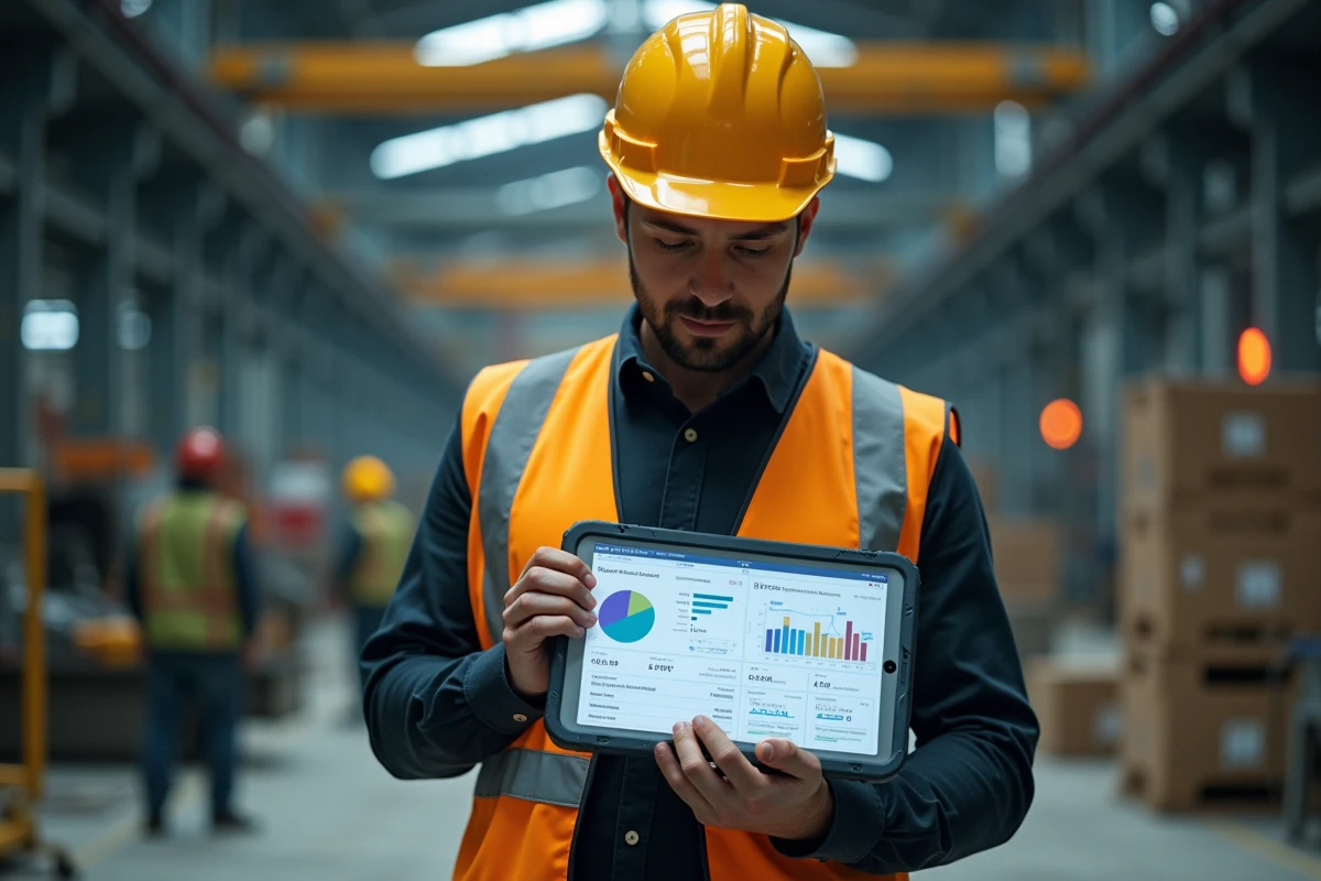 Responsable de site industriel consultant un tableau de bord numérique de relocalisation sur tablette au cœur d'une usine en réorganisation