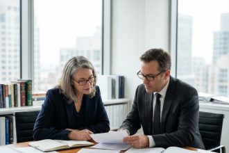 Photo hyperrealiste d'une femme d'affaires en costume navy lors d'une réunion