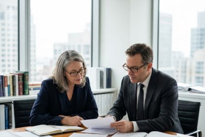 Photo hyperrealiste d'une femme d'affaires en costume navy lors d'une réunion